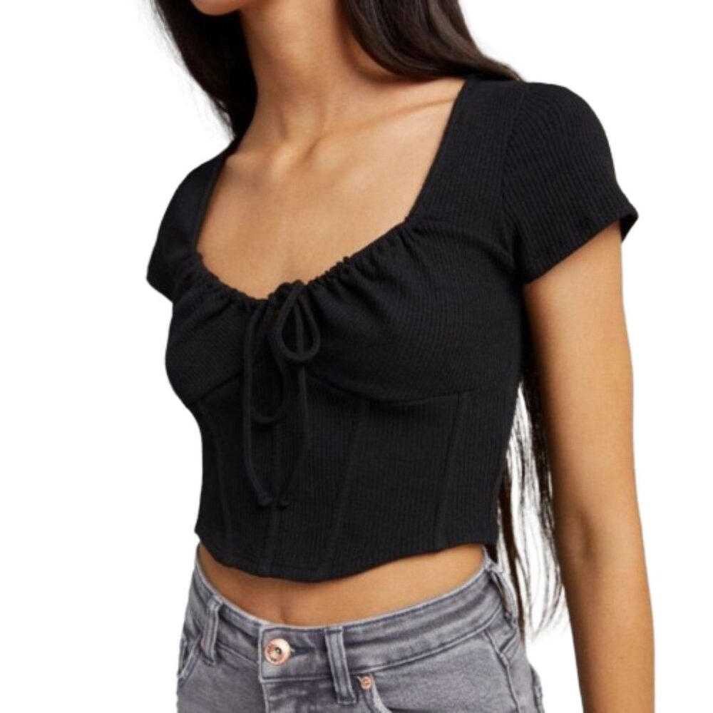 SHEIN Black Rib-Knit Crop Top Corset Style Sweetheart Tie-Neckline